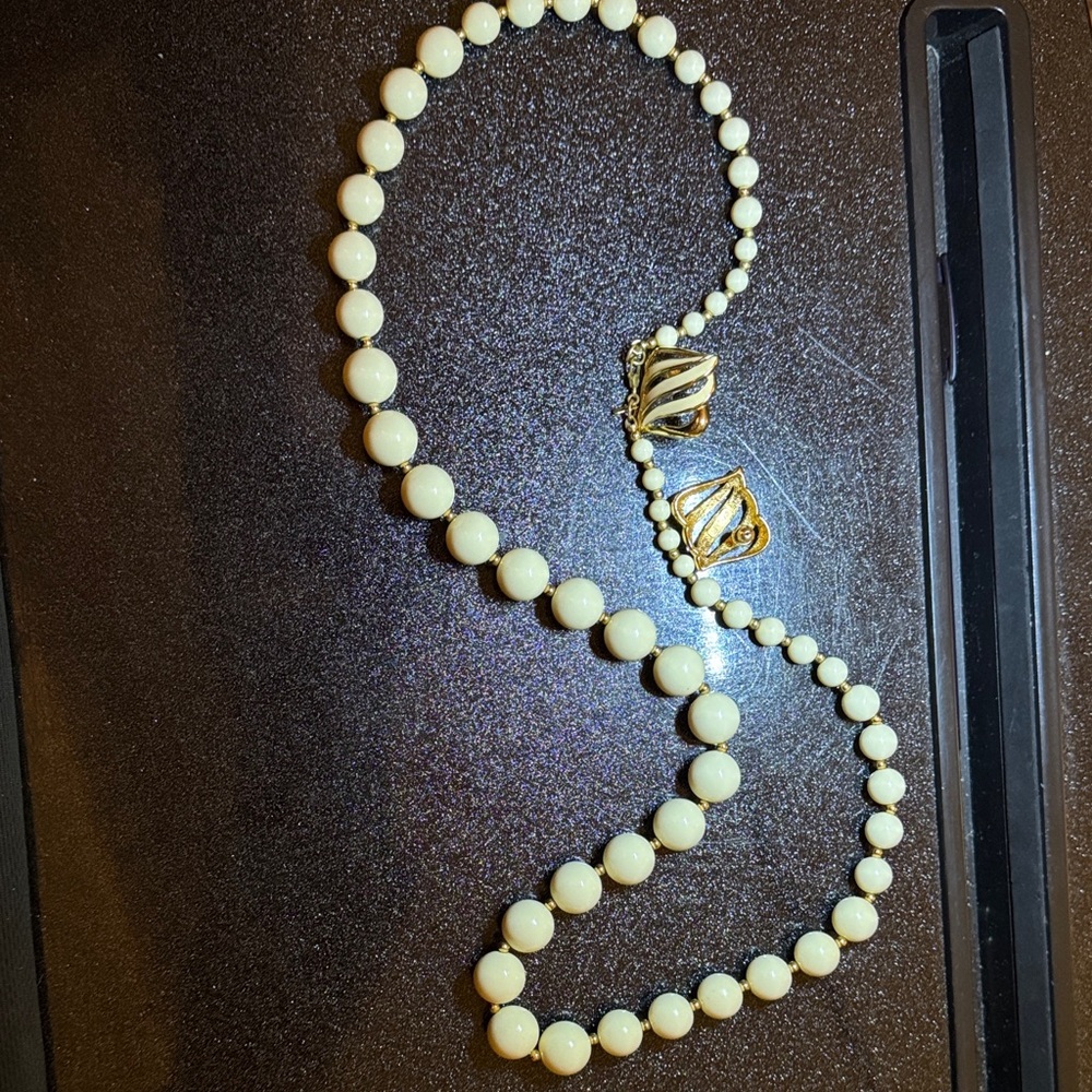 Monet Ivory Beaded Necklace with Gold Details